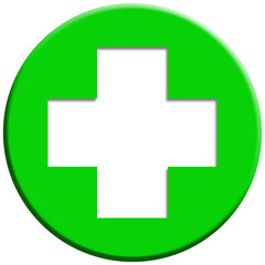 Obraz premium Green Medical Cross Button Icon, 3D First Aid and Pharmacy Symbol for Healthcare