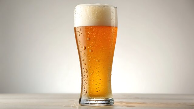 Refreshing wheat beer in a tall glass isolated, golden color beer with foam head and condensation drops on glass