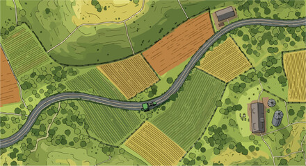 Fototapeta premium Aerial View Countryside Road with Green Fields and Farmland Vector Illustration