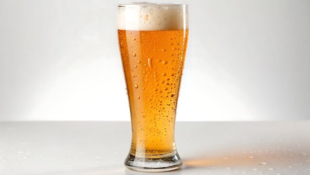 Refreshing wheat beer in a tall glass isolated, golden color beer with foam head and condensation drops on glass,glass, alcohol, drink, gold, pint, bubbles, full, liquid, foam, pub, object, froth, bub