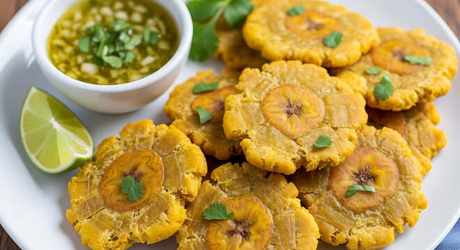 Crispy fried plantain tostones are served on a white plate with a fresh lime wedge and a vibrant green dipping sauce.