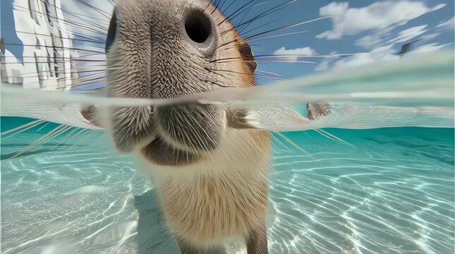 Close-up underwater shot of a capybara swimming in clear blue water, showcasing its unique snout and whiskers.