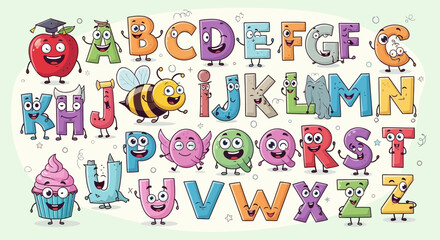 Obraz premium Funny cartoon alphabet birthday card with funny monsters colorful educational vector illustration alphabet set pattern design