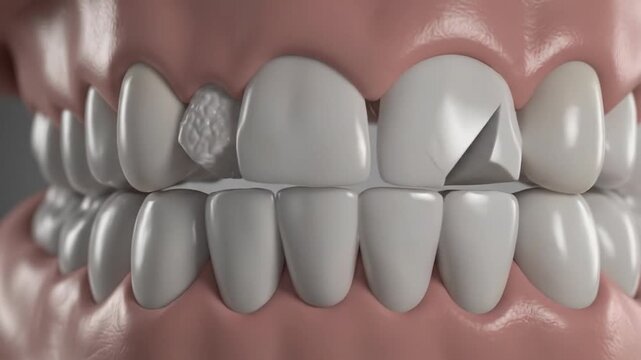 Close-up 3D render of a broken human tooth with decay and cavity