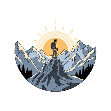 Mountain Top Achievement Hiker Reaching Summit vector illustration