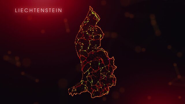 A dynamic motion video showcasing the Liechtenstein country border through a colorful plexus reveal. Glowing red and orange dots represent high-tech data communication and global digital networks.