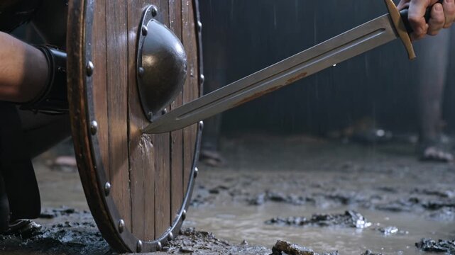 Medieval warrior with sword and shield in muddy battlefield, ready for intense combat, history reenactment, ancient armor