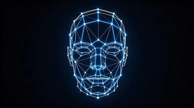 Glowing blue wireframe human face mesh on black background &mdash; futuristic AI, biometric scanning, digital identity, and facial recognition technology concept.