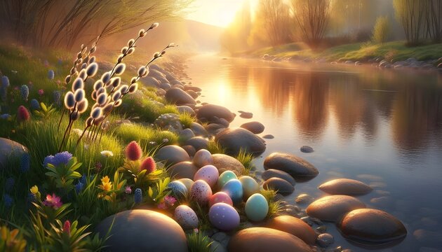 Scattered Easter eggs on stones near weeping willows and wildflowers by clear river water flow.