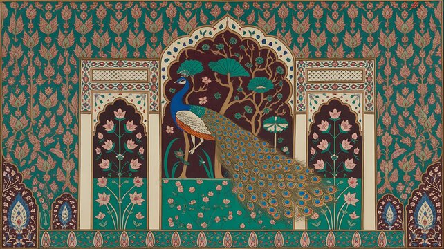 Illustration of a Mughal garden arch with plants and peacocks designed in a traditional Islamic vector pattern for invitations
