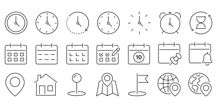 Time, date and address line icons set. calendar, clock, gps point, flag point, globe point Containing hourglass, pin, stopwatch. Editable stroke for mobile and web. Isolated on white background