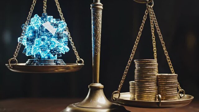 Balance scale weighs changing market value of glowing blue digital technology against tradition, showing future innovation and data