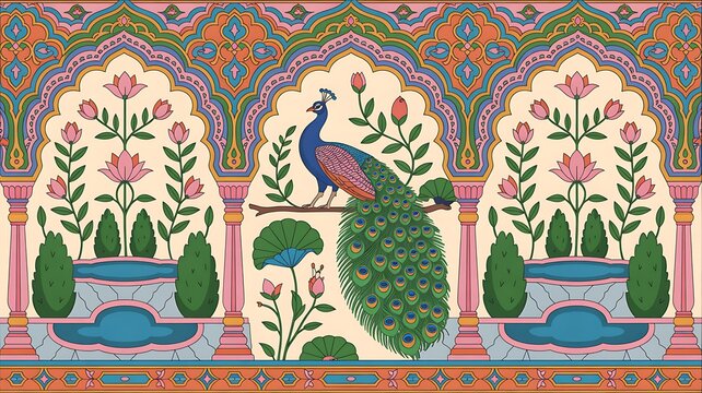 Traditional mughal garden illustration, mughal mural wallpaper design, birds, peacock, watercolor background. Mughal Garden. Illustration
