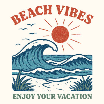 Summer graphics print artwork. big waves t-shirt design. men's graphic design. Tropical Paradise Beach Vibes Vacation mode summer relax vector illustration print. Summer design for t shirt print, stic