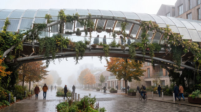 Lush pedestrian bridge with solar glass over green street