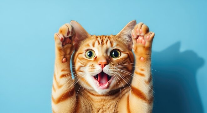 Surprised orange tabby cat with paws raised in air