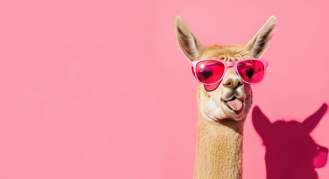 A llama wearing pink heart shaped sunglasses on a pink background