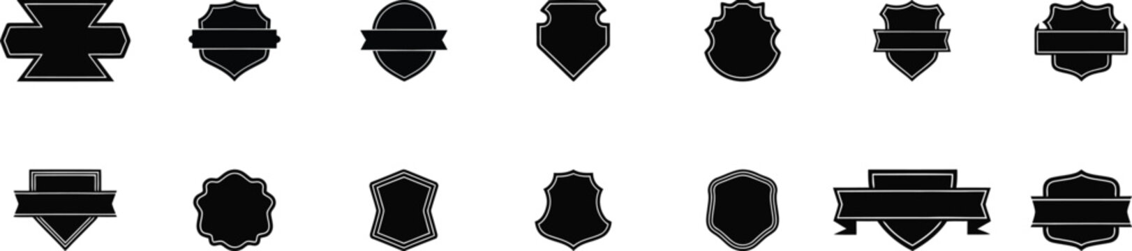 Collection of diverse black silhouette blank shield emblems and badges with ribbon banners, perfect for creating custom sports logos or security crests.