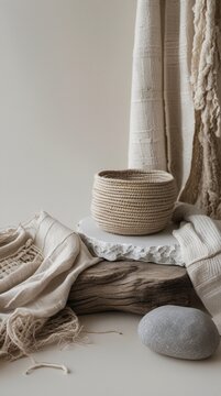 Background minimalista. Texturas naturais, tecido de linho cr&uacute;, cumbuca de cer&acirc;mica, sisal e pedras de rio