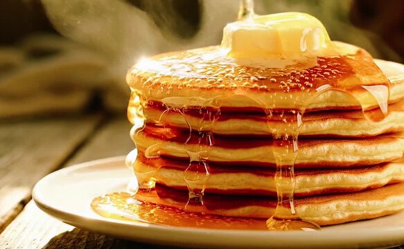Delicious stack of pancakes topped with butter and dripping honey syrup, breakfast food concept.