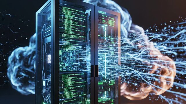 A futuristic server room with motion blur effect shows a large computer tower surrounded by swirling blue circuits and green code lines in a dark space.