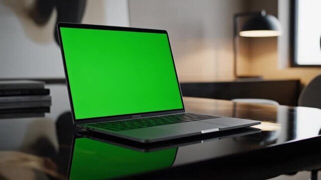 Laptop with a vibrant green screen illuminated in a modern, dimly lit office environment, perfect for digital content creation