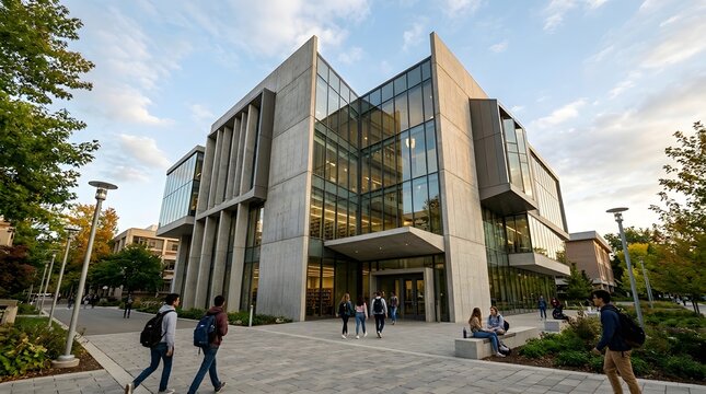 Modern University Campus Building with Students