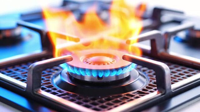 Gas stove burners with blue flames and orange fire on kitchen cooking range