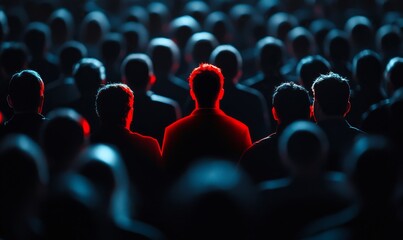 Obraz premium silhouette of a person highlighted in red, standing out from a crowd of people in a business context, symbolizing leadership, Generative AI