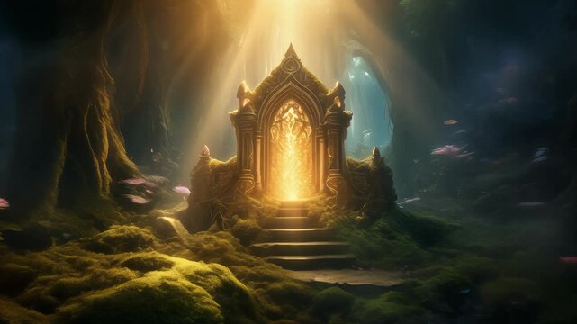 A mystical temple stands in a dense forest with sunlight shining through the trees onto ancient architecture.