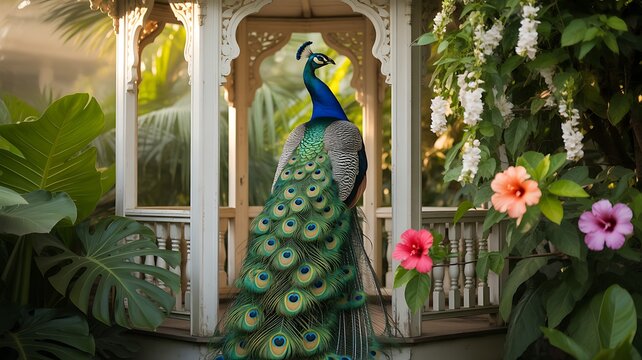 Illustration of a mughal garden with peacocks, parrots, plants, and trees, featuring a botanical landscape pattern. Mughal Garden. Illustration