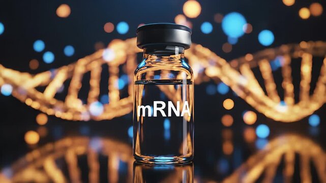 A close-up photograph of a motion-filled laboratory setting with a vial labeled mRNA in front of a DNA double helix model surrounded by colorful lights.