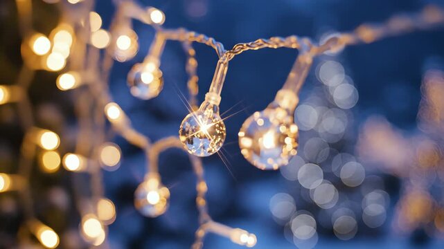 A captivating close-up of sparkling crystal droplets on a delicate string of golden lights in motion at night with blurred background bokeh.