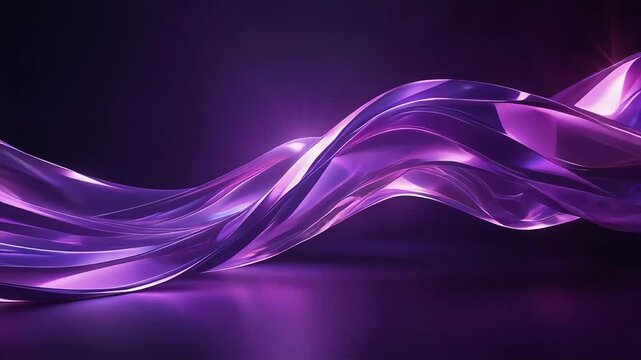 Transparent purple wave-like form glows with bright highlights, sharp reflections, and smooth flowing curves against a dark background, creating a modern, futuristic, and luxurious abstract visual.