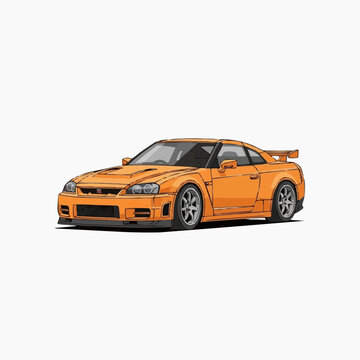 A clean, vector-style illustration of a vintage orange sports car, modeled after the iconic Nissan GT-R R34