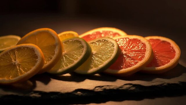 Freshly sliced oranges and grapefruits arranged on a slate plate indoors