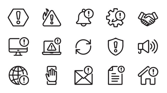 A diverse collection of black line art icons representing essential warnings, critical alerts, important notifications, and various status indicators for digital design projects