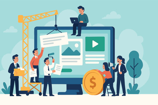 Business Team Working Together to Build Website Content on Large Computer Screen, Flat Vector Illustration
