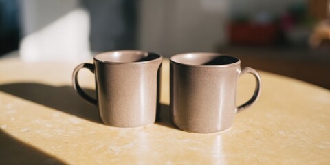 Fototapeta premium Two matte brown coffee mugs standing on a golden beige surface with natural sunlight used for kitchenware branding mockup and corporate gift promotion with copy space