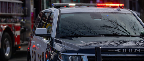Police car, police vehicle lights, public safety and danger zone. © Volodymyr