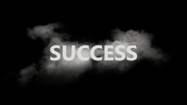 Bold white "success" text dramatically emerges from a dynamic dark smoke cloud, slowly dissipating into the black background, symbolizing triumphant accomplishment. This inspiring animated motion grap