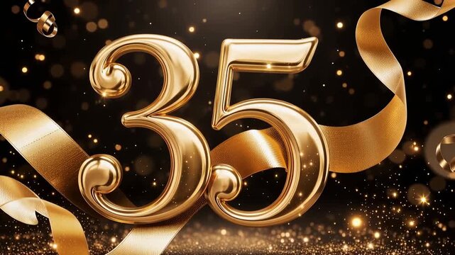 Golden number thirty five with ribbon and sparkle on elegant festive celebration background
