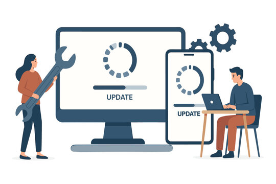 People updating computer and mobile system software with progress loading screen, flat vector illustration