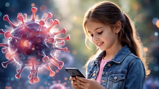 Girl using smartphone near floating virus symbol concept of digital health and pandemic warning