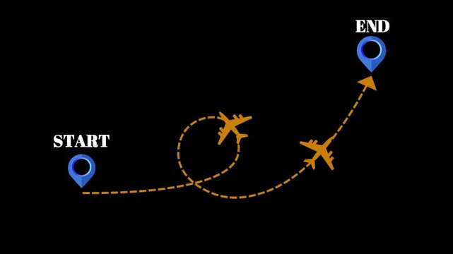 Animated plane travel route motion graphic showing complex navigation maneuvers from a starting pin location to a final destination marker vector footage