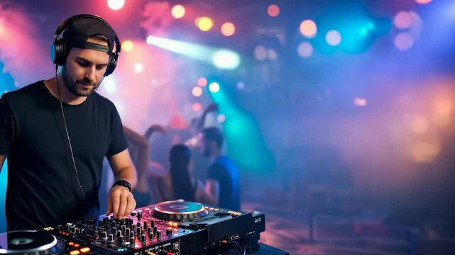 DJ mixing music on controller in nightclub with colorful light and energetic party atmosphere