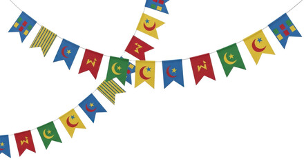 Obraz premium Colorful Ramadan Kareem bunting flags with crescent moon and star symbols, festive Islamic celebration decoration for Eid al-Fitr and Eid al-Adha isolated PNG with Transparent Background