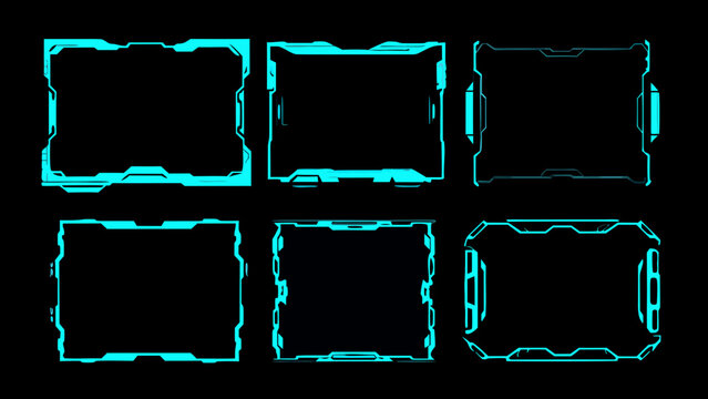 Neon blue futuristic frames and borders collection on a black background