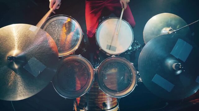 A man is learning music Hands of professional drummer with drumsticks are playing on drum air View from above on the drums and cymbals during playing