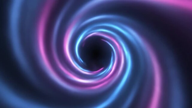 Vibrant blue and pink lights create a mesmerizing motion spiral tunnel effect in a dark space with a sense of depth and energy.
